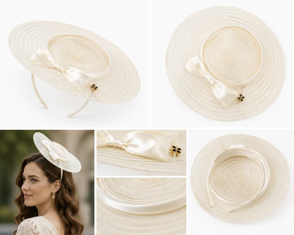 Ivory Wide-Brim Fascinator Hat with Satin Bow